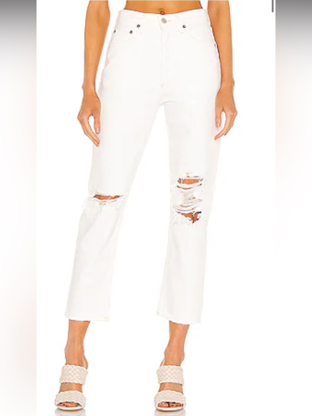 AGOLDE Riley High Rise Straight Crop Jeans Veil White Distressed Ripped Knee 30